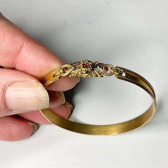 Antique Gold Plated Baby Bangle Red Cabochon Paste Stones - Picture 6 of 7